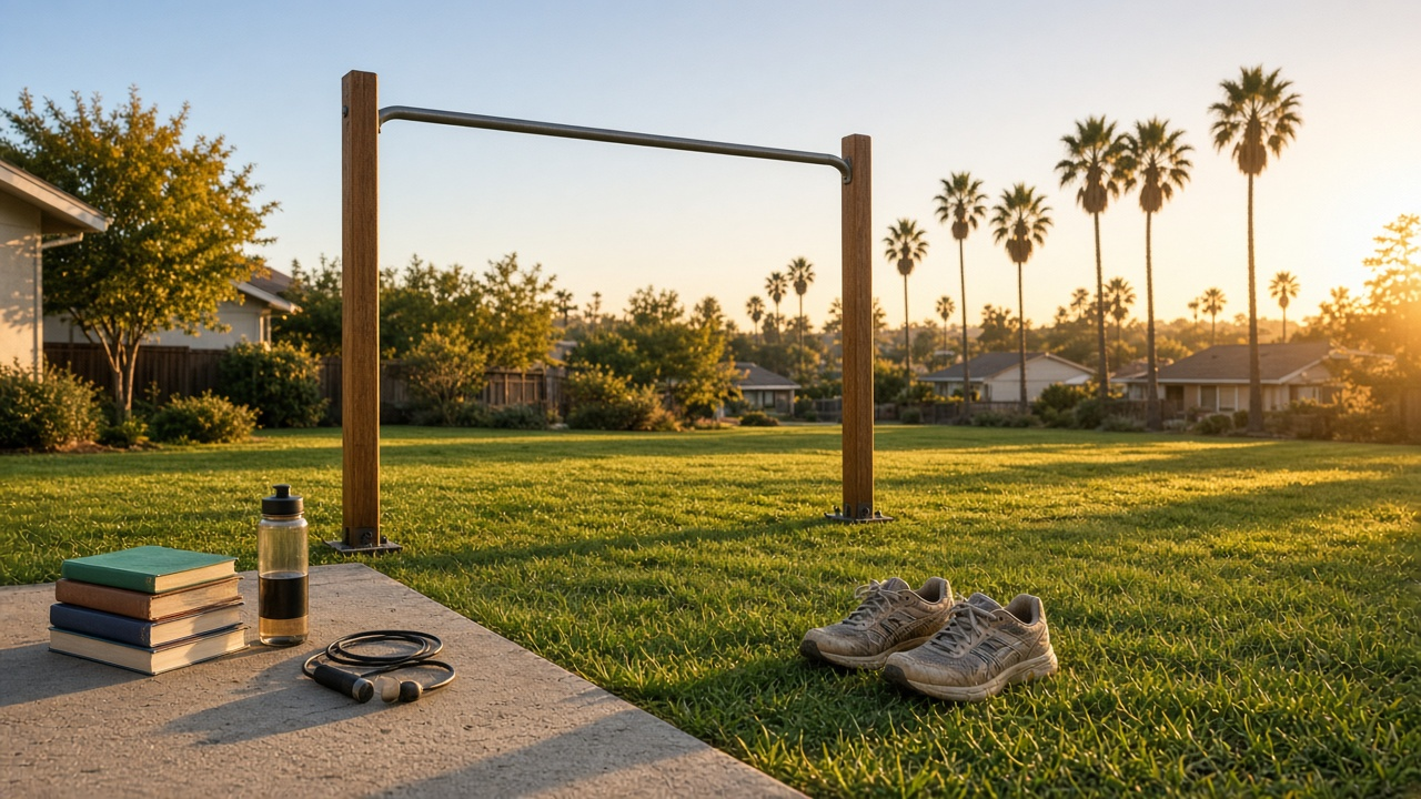 Sunny suburban backyard at sunrise with a pull-up bar over green grass, worn sneakers, a jump rope, a water bottle and a stack of schoolbooks, with palm trees in the distance