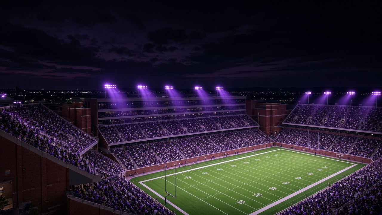 Empty outdoor college football stadium in bright midday sun, purple-tinged empty seats and a football resting on the green turf near the hash marks under a clear Texas sky