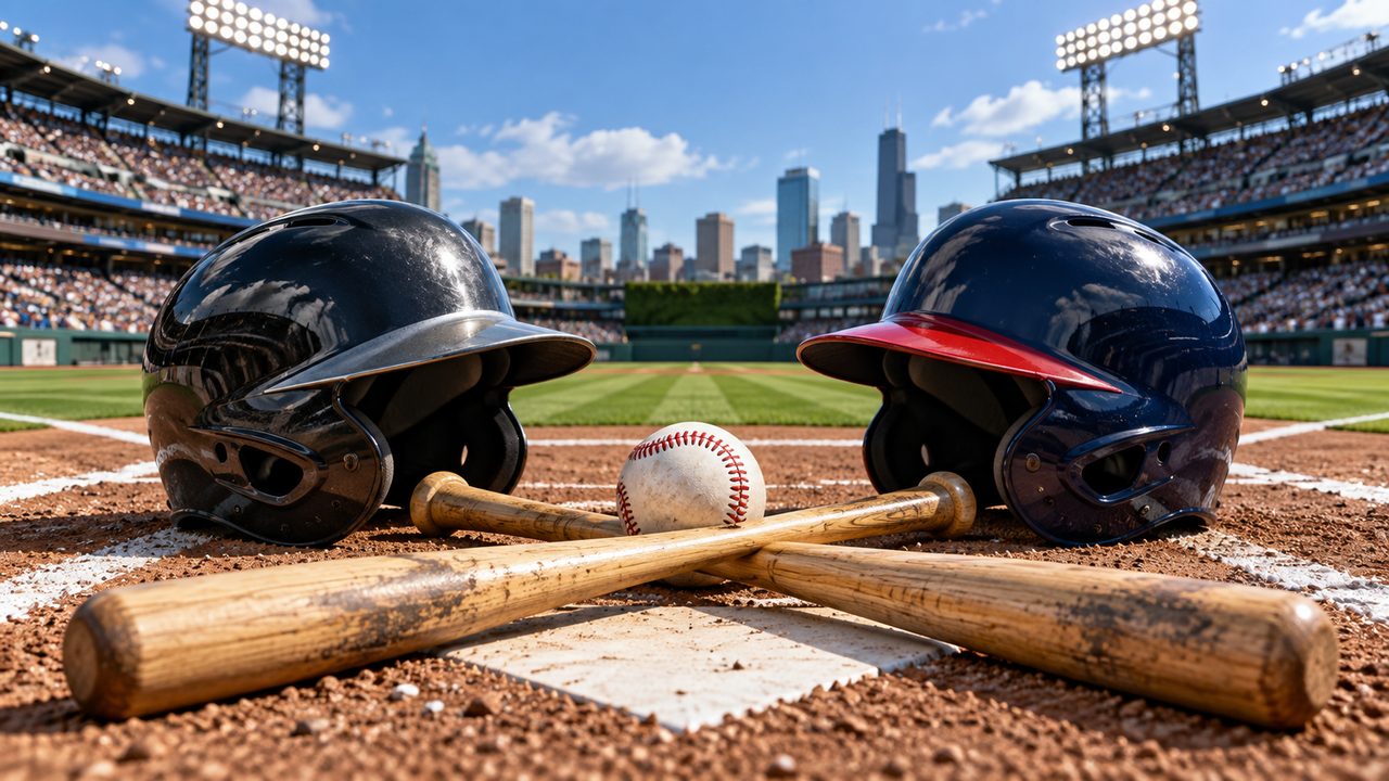 Black and silver and navy and red batting helmets with crossed bats in an afternoon baseball stadium