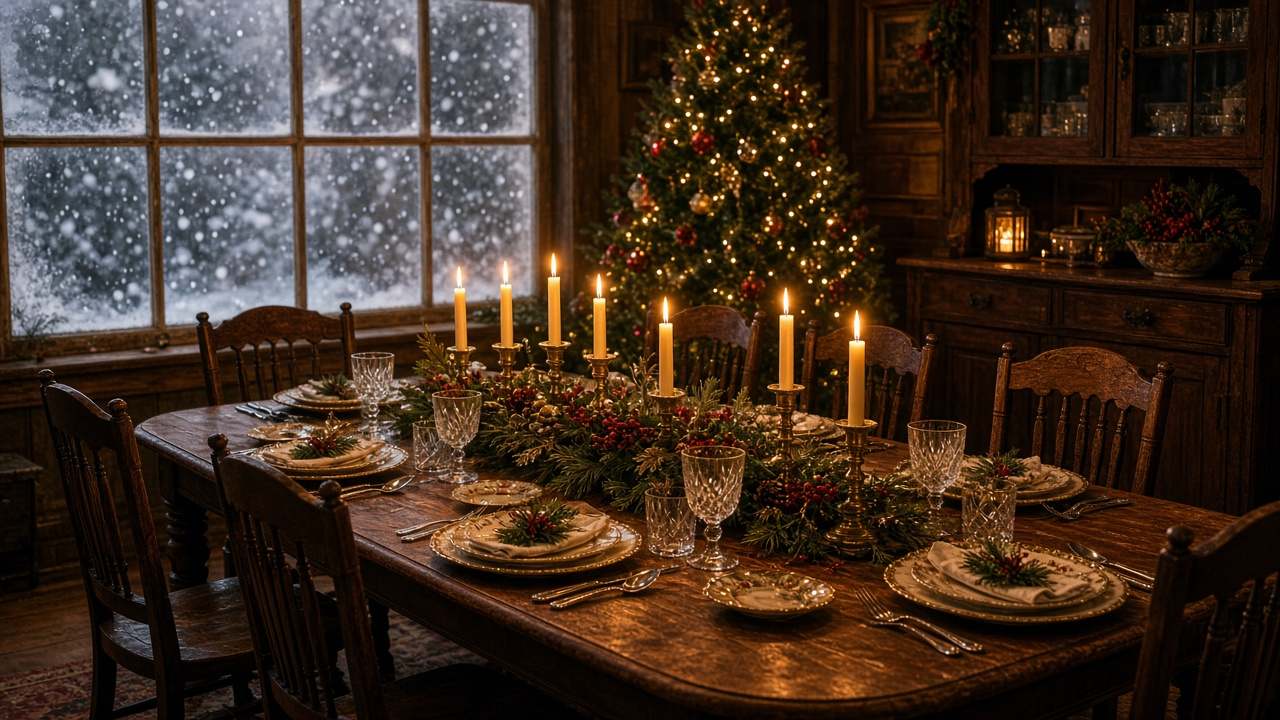 An antique dining table set for eight with vintage china, lit candles and a pine centerpiece beside a glowing Christmas tree as snow falls outside the window, no people, no text, no logos