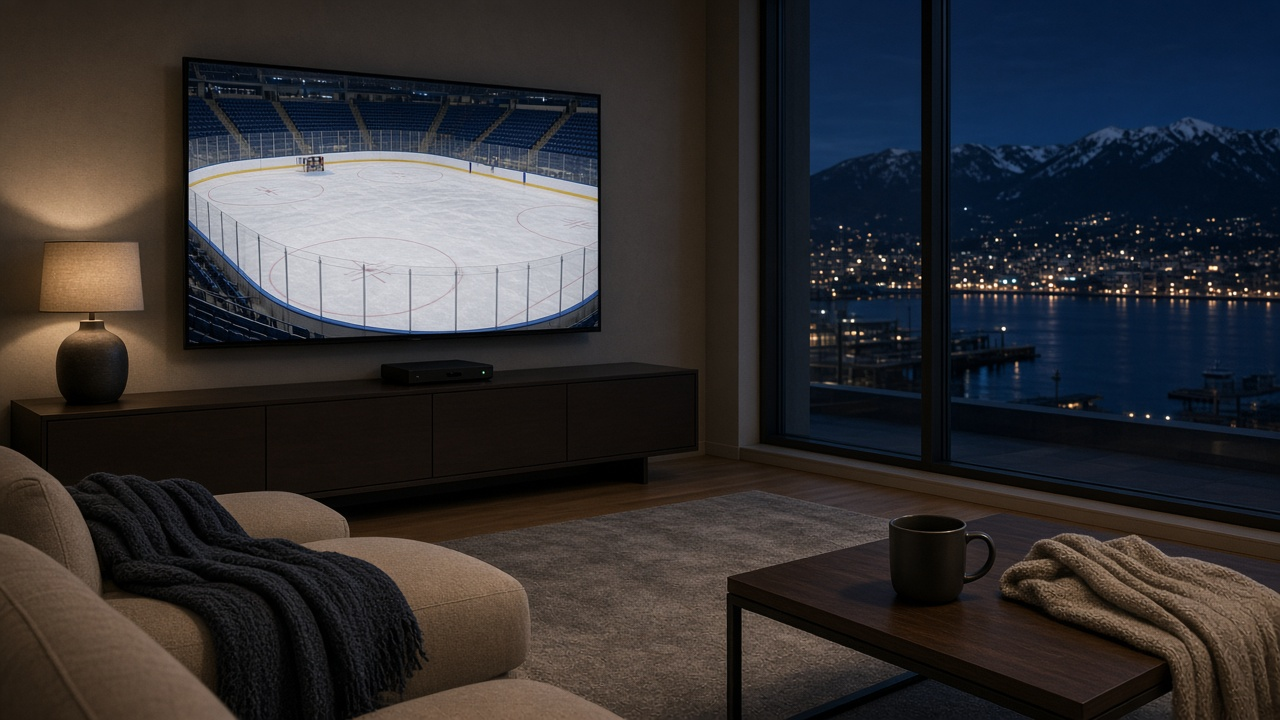 Modern living room at night with a wall TV showing an empty hockey rink, a satellite receiver on a low console, a mug and throw blankets, and a window overlooking a lit waterfront and snowy mountains