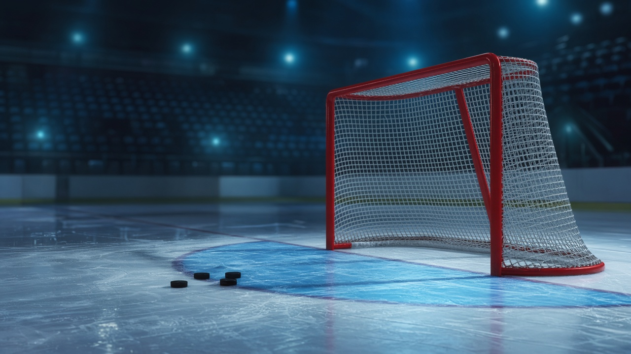 Red-framed hockey goal on glossy ice in a dim arena with cool blue and teal lighting, a few pucks resting near the blue crease and empty stands blurred behind