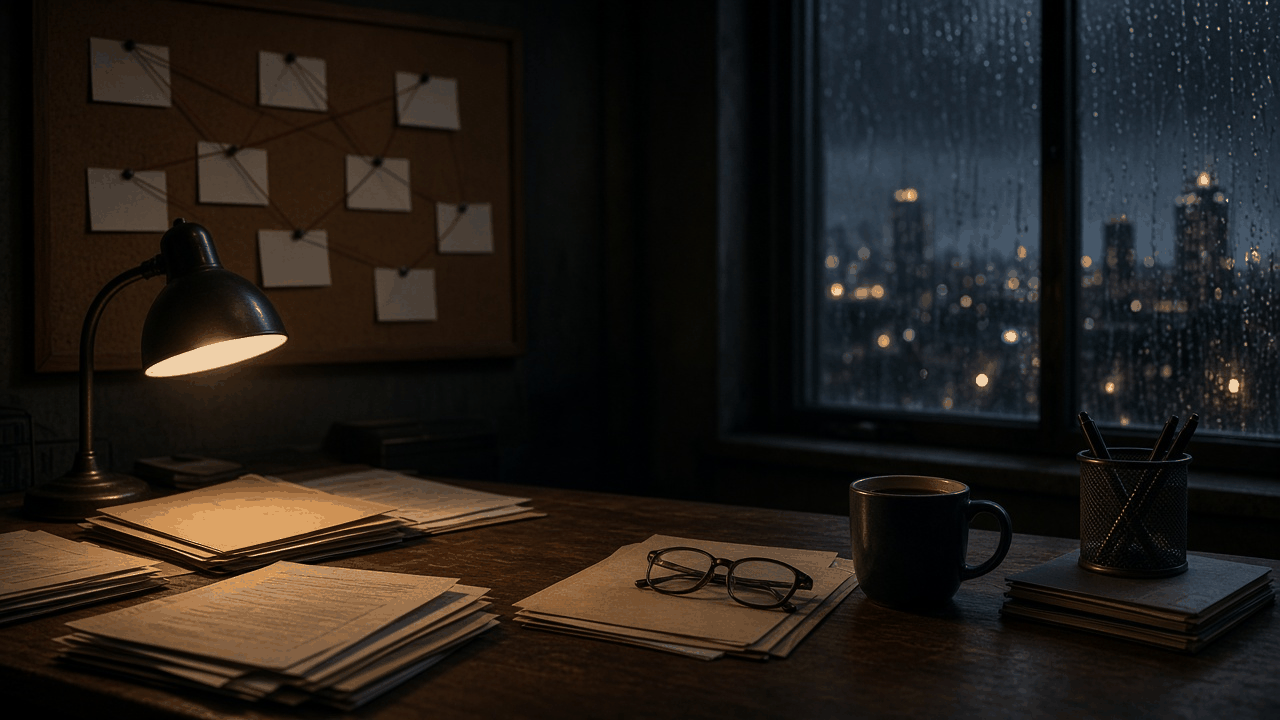 Detective desk with case files, a magnifying glass and a coffee cup, with no people, text or logos