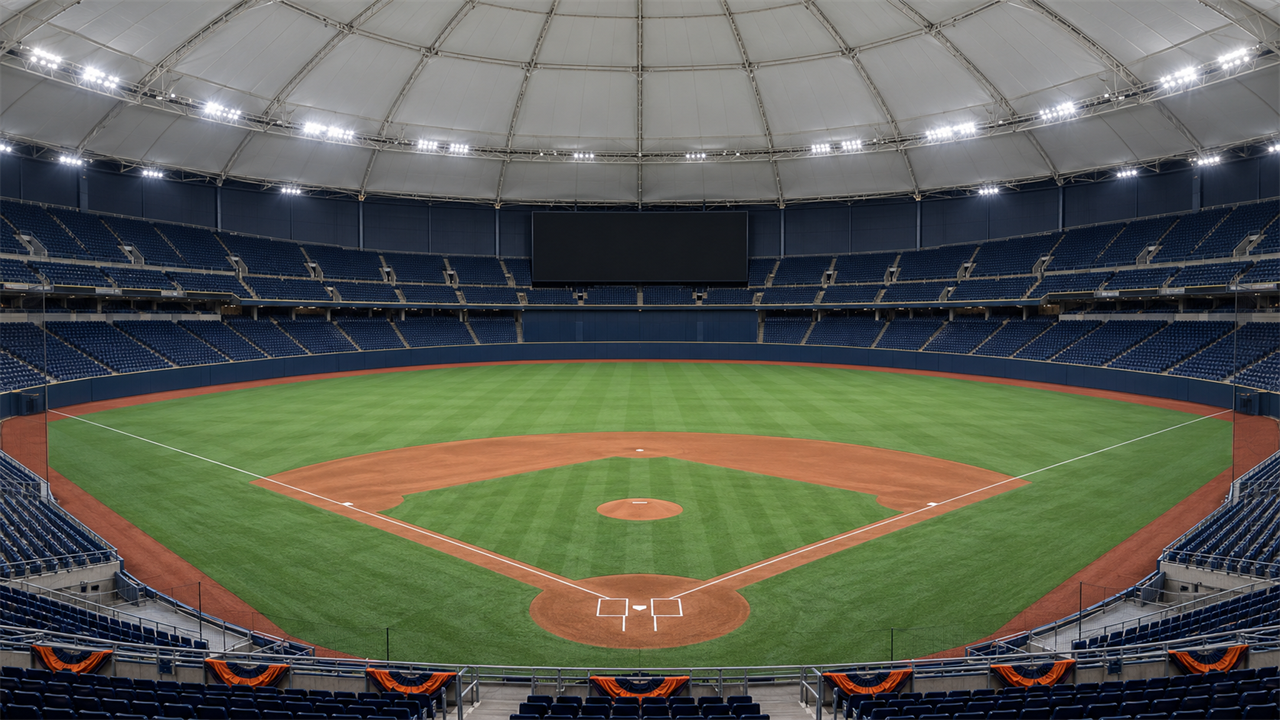 Empty domed baseball stadium at night with bright lights, a groomed infield, rows of navy seats and orange bunting along the railing, no people