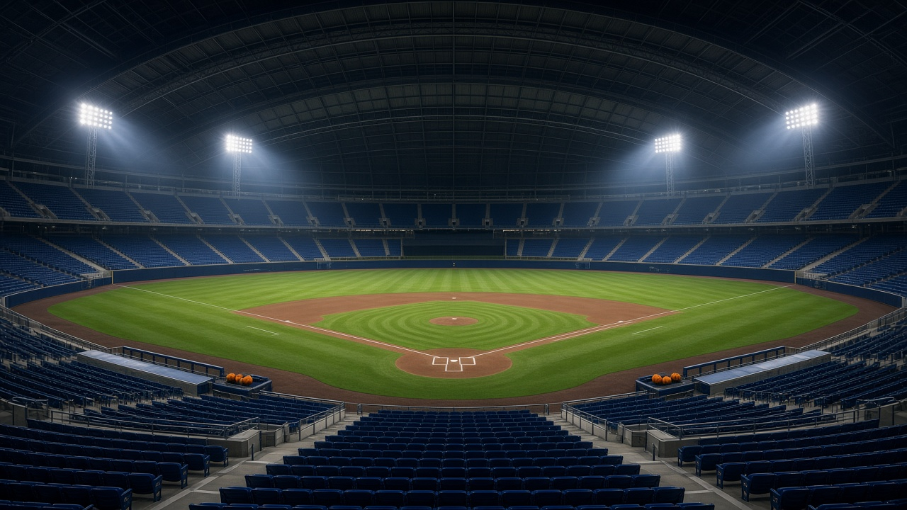 Empty ballpark at night under a closed retractable roof with bright lights, a groomed infield, rows of blue seats and small pumpkins on the dugout rail, no people