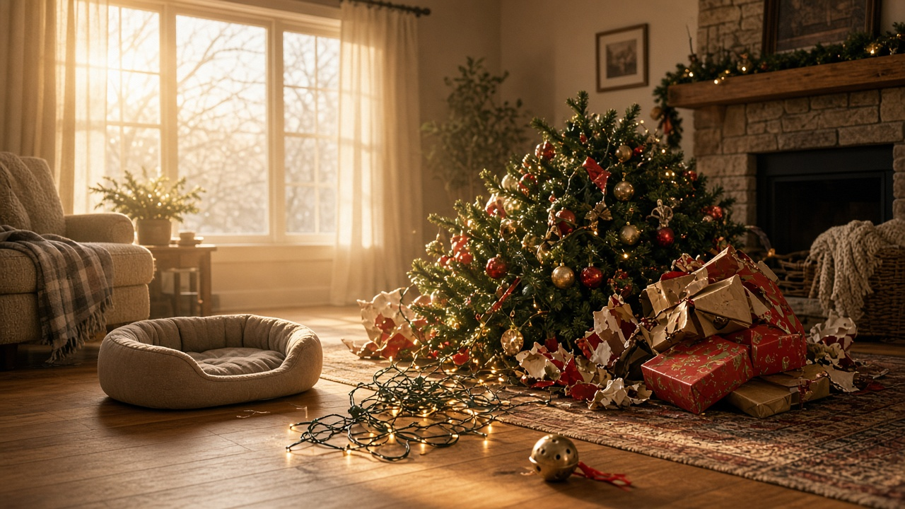 A cozy living room on Christmas morning with a tipped-over decorated tree, tangled string lights, torn wrapping paper and an empty pet bed in warm window light