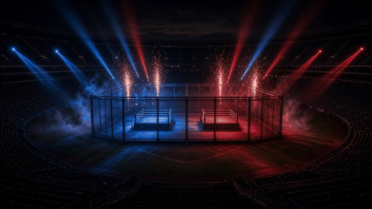 Empty open-air baseball stadium at night with two wrestling rings side by side inside one tall roofless steel cage, blue and red spotlights, haze and sparks, no people, no text, no logos