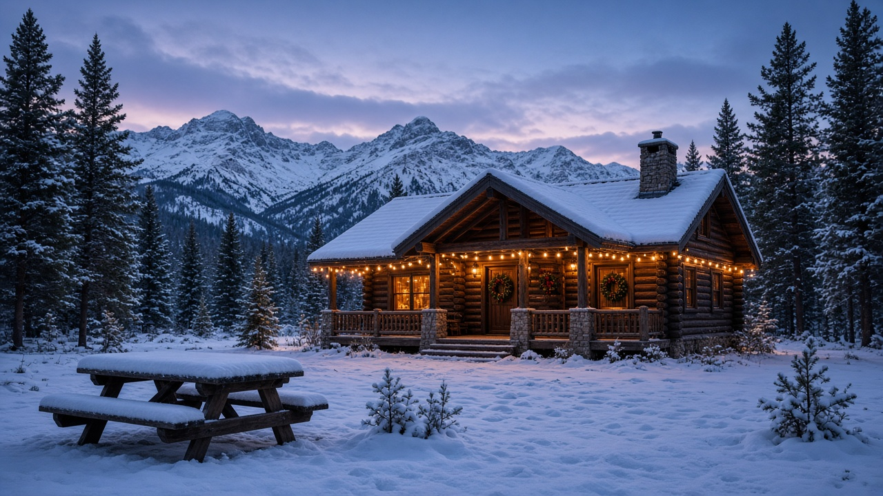 A snow-covered log lodge in a pine forest at twilight with wreaths on the doors and warm string lights along the porch, mountains behind