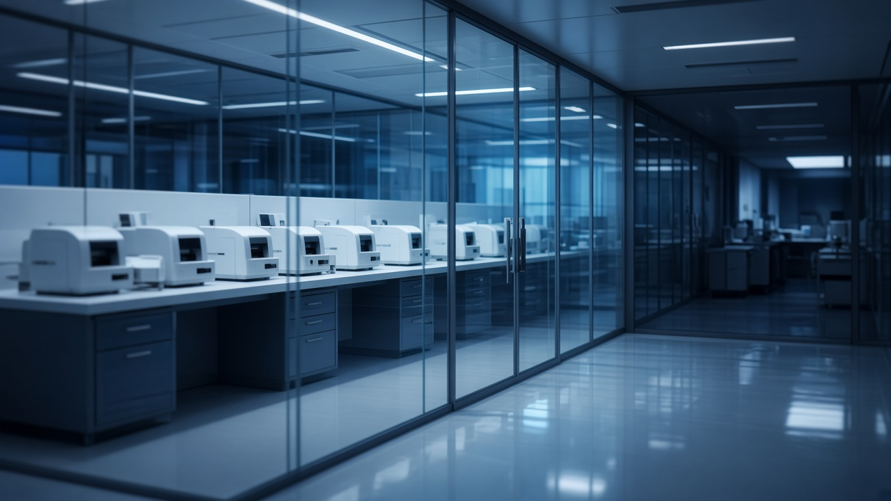 Empty modern biotech lab at night with a glass-walled clean room, rows of small white blood-testing machines on a bench, cool blue light and reflections on polished floors, no people