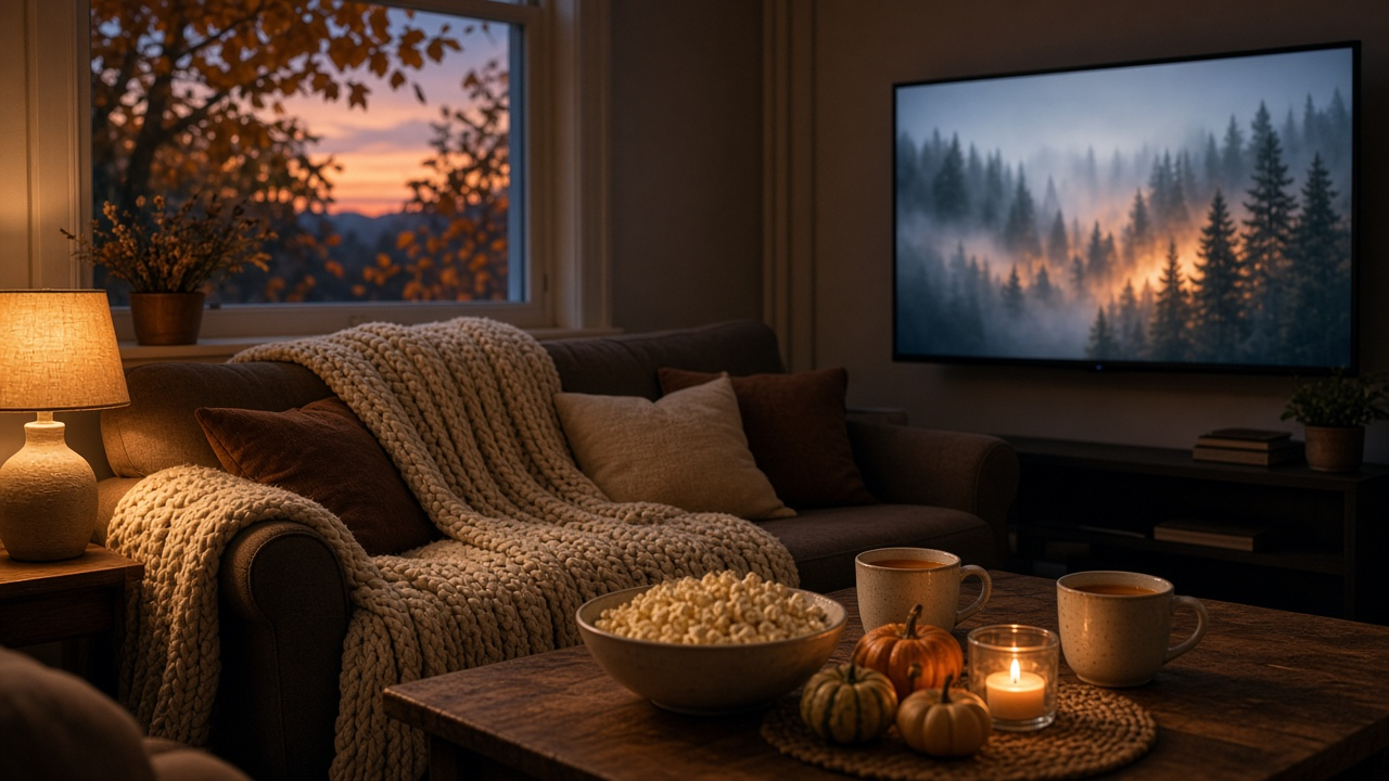 Cozy autumn living room at dusk with a blanket, pumpkins and a bowl of popcorn in front of a glowing TV