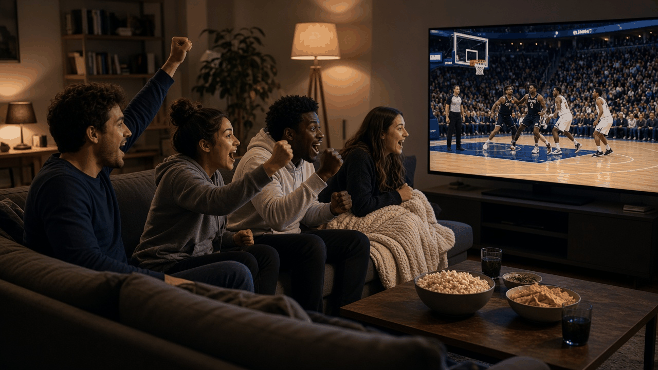 Dark den with a TV showing a basketball court, a basketball on the floor and a bowl of popcorn