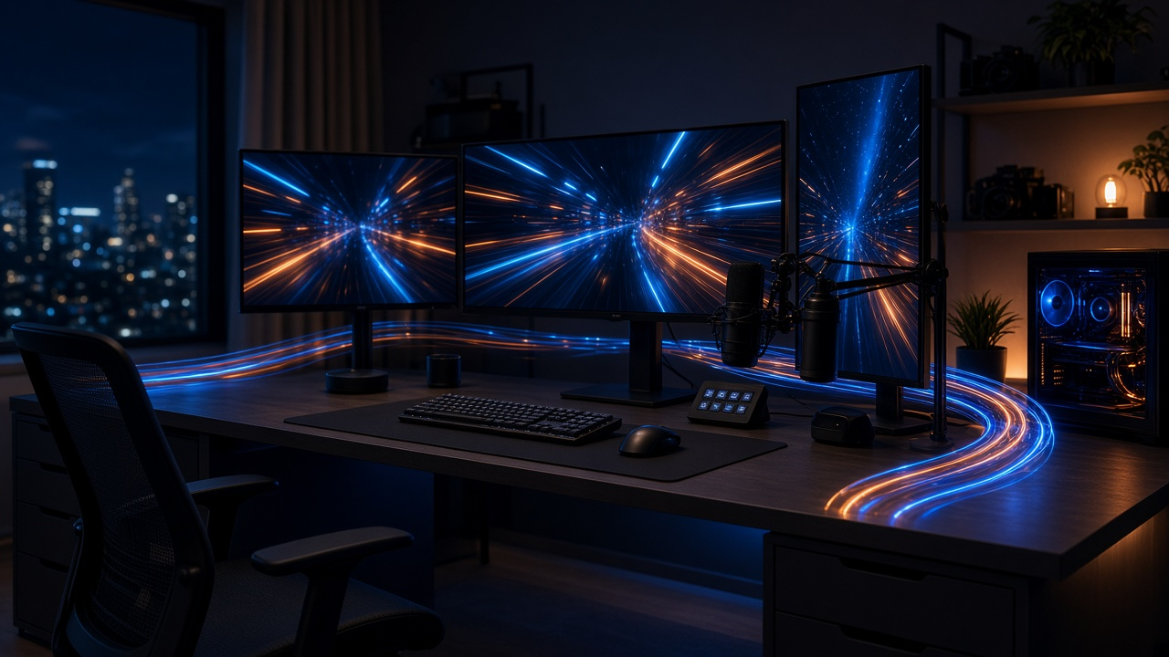 Multi-monitor gaming and work desk with glowing blue light trails at night