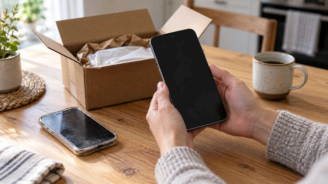 A person at a kitchen table comparing a new smartphone with an older phone resting beside an open shipping box