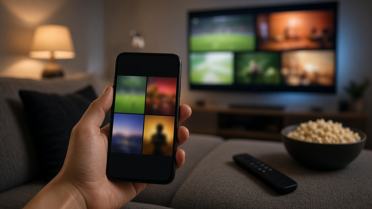 Hand holding a smartphone in front of a living room TV showing a blurred multi-screen sports and news layout