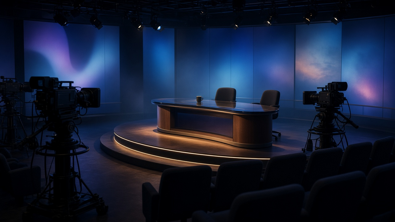 Empty late-night television studio with a glossy anchor desk, studio cameras on pedestals and dimmed audience seats under blue and amber lights, no people