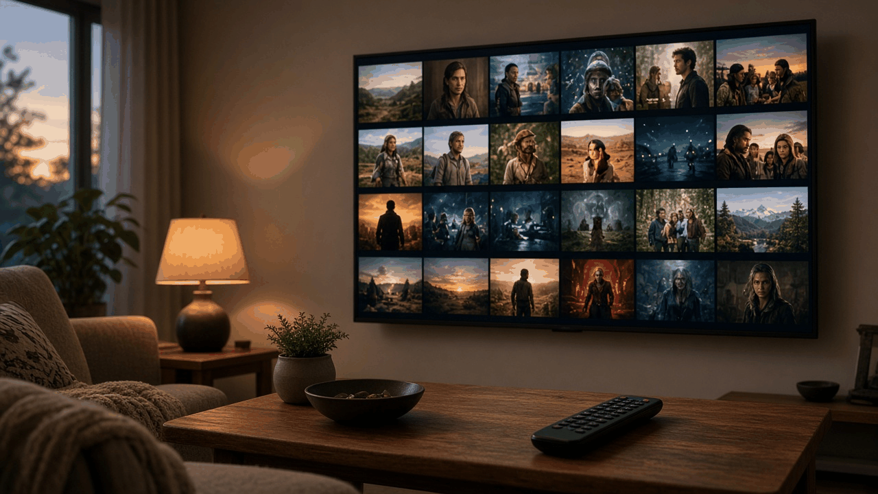 Bright living room with a TV showing a blurred mosaic of nature tiles above a white console holding a receiver and streaming stick