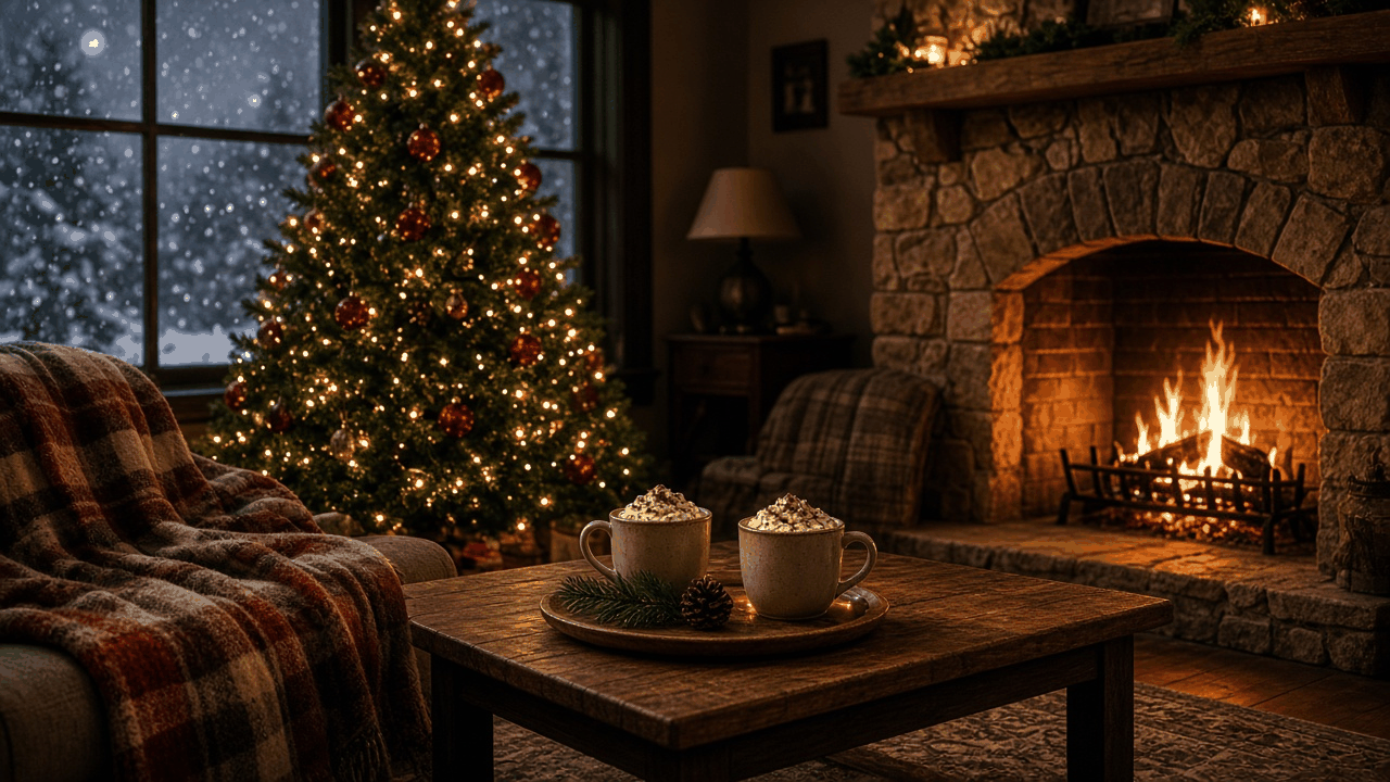 Cozy living room on a snowy evening with a lit Christmas tree, stone fireplace, plaid blanket and two mugs of cocoa, no people, no text, no logos