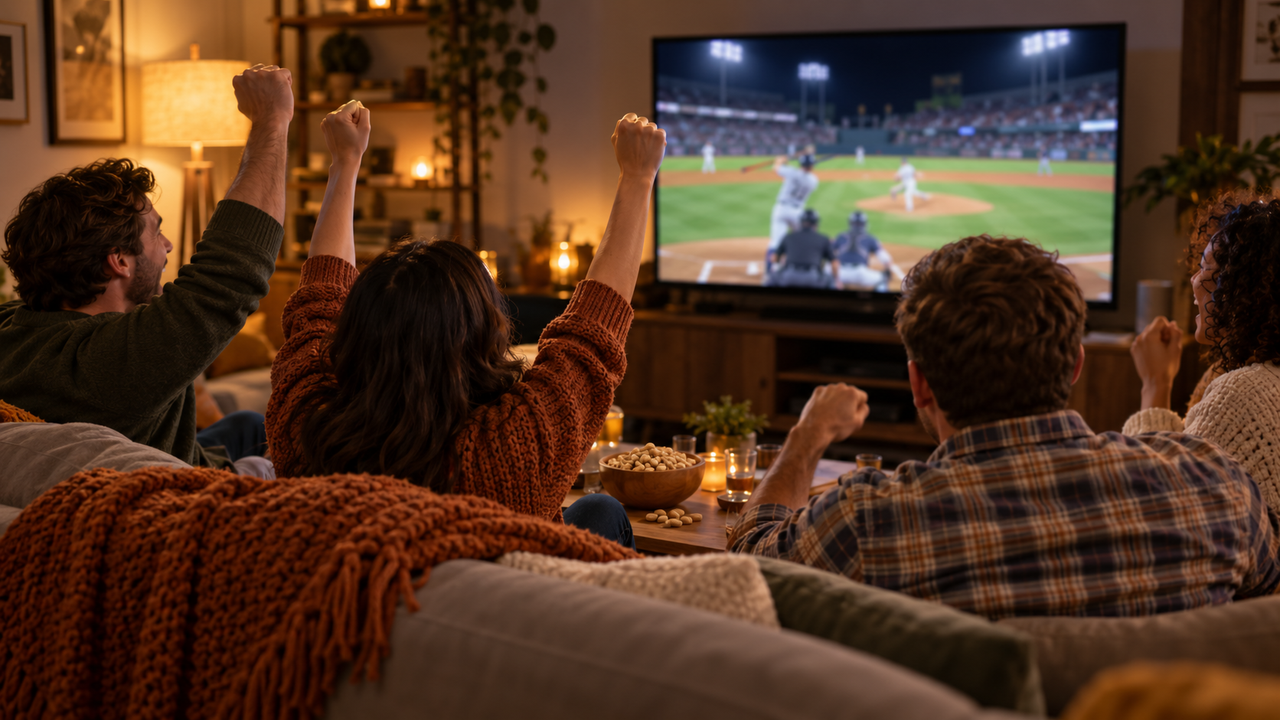 Fans in a cozy living room cheering a night baseball playoff game on a big-screen TV