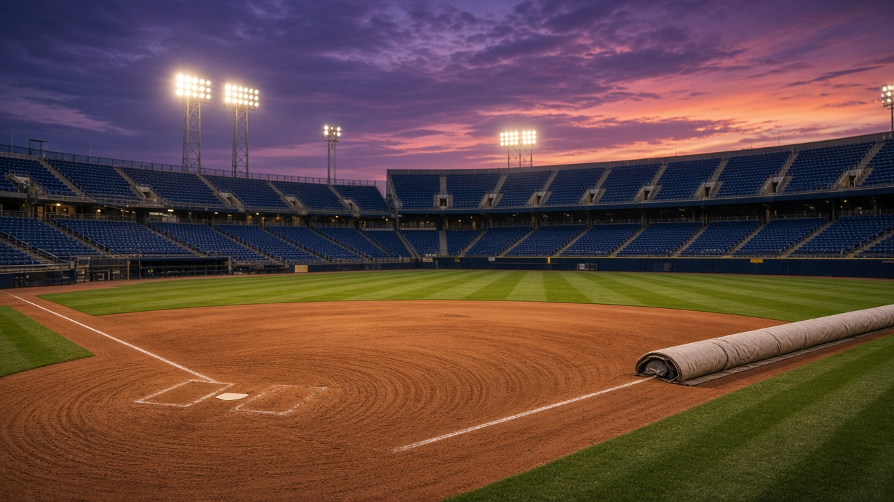 Empty major league baseball stadium at dusk with stadium lights glowing over a freshly raked infield, empty blue seats and a rolled tarp along the first-base line, no people
