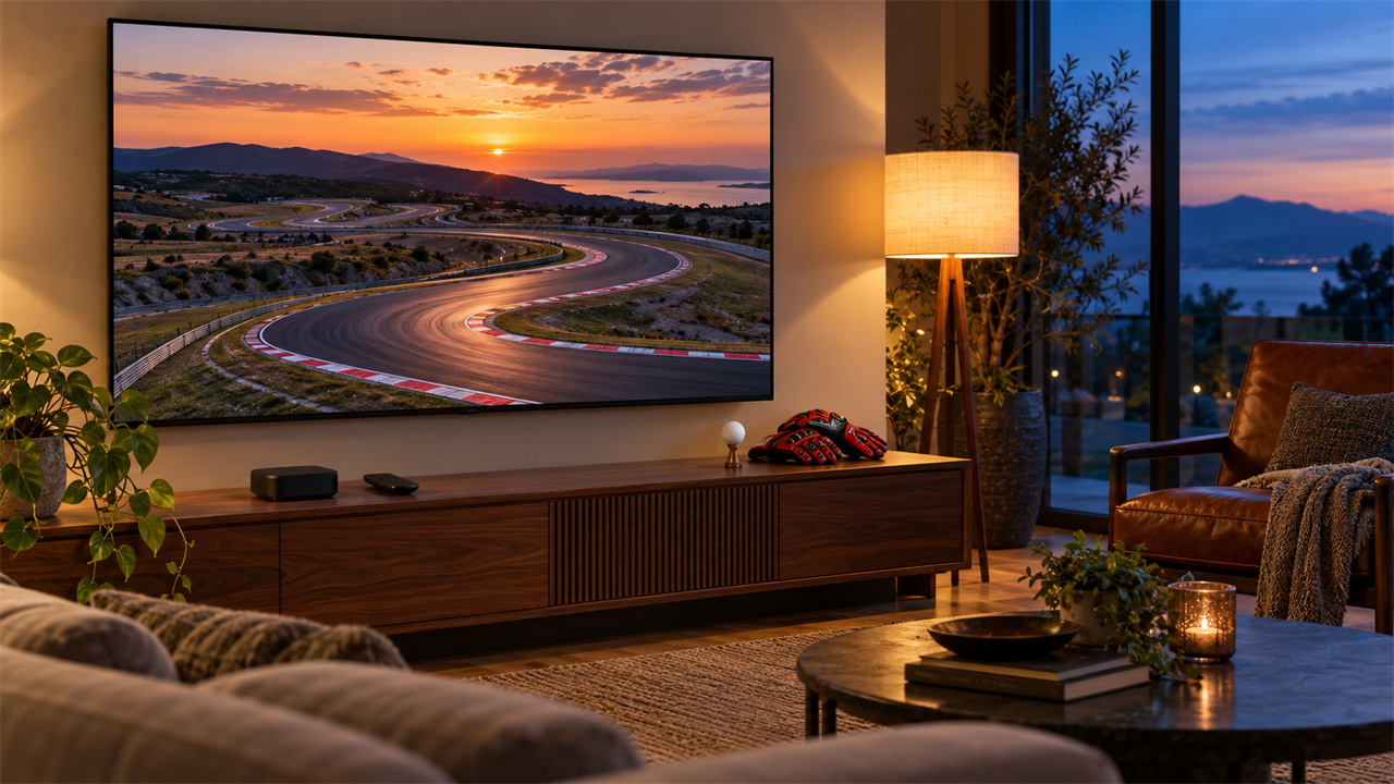 Living room at dusk with a wall-mounted TV showing an empty winding racetrack at sunset, a streaming box, remote, golf ball on a tee and red racing gloves on a wood console, no people