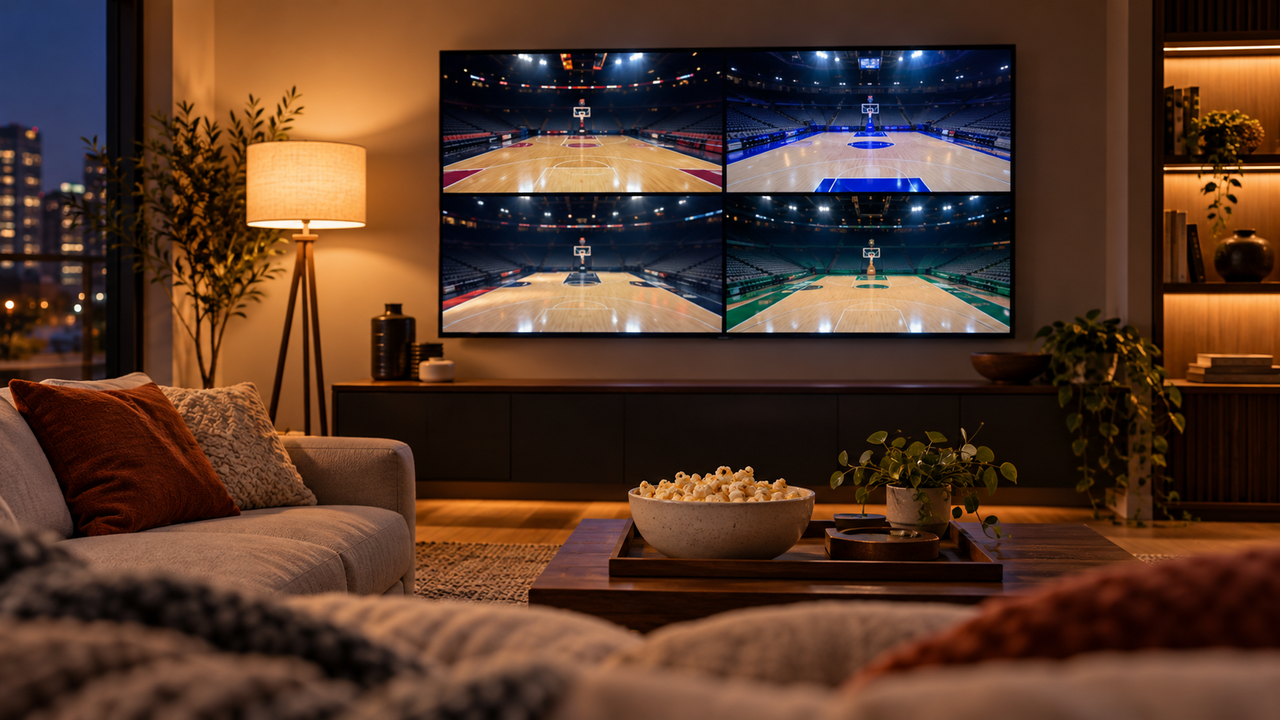 Empty living room with a television showing four basketball courts and snacks in the foreground