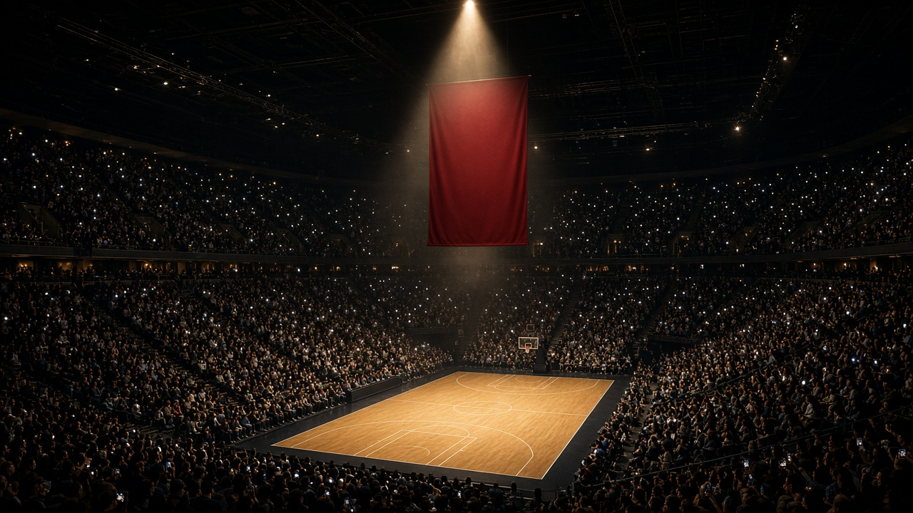 Championship banner without lettering rising into the rafters of a packed basketball arena under a spotlight before the season's first tip-off