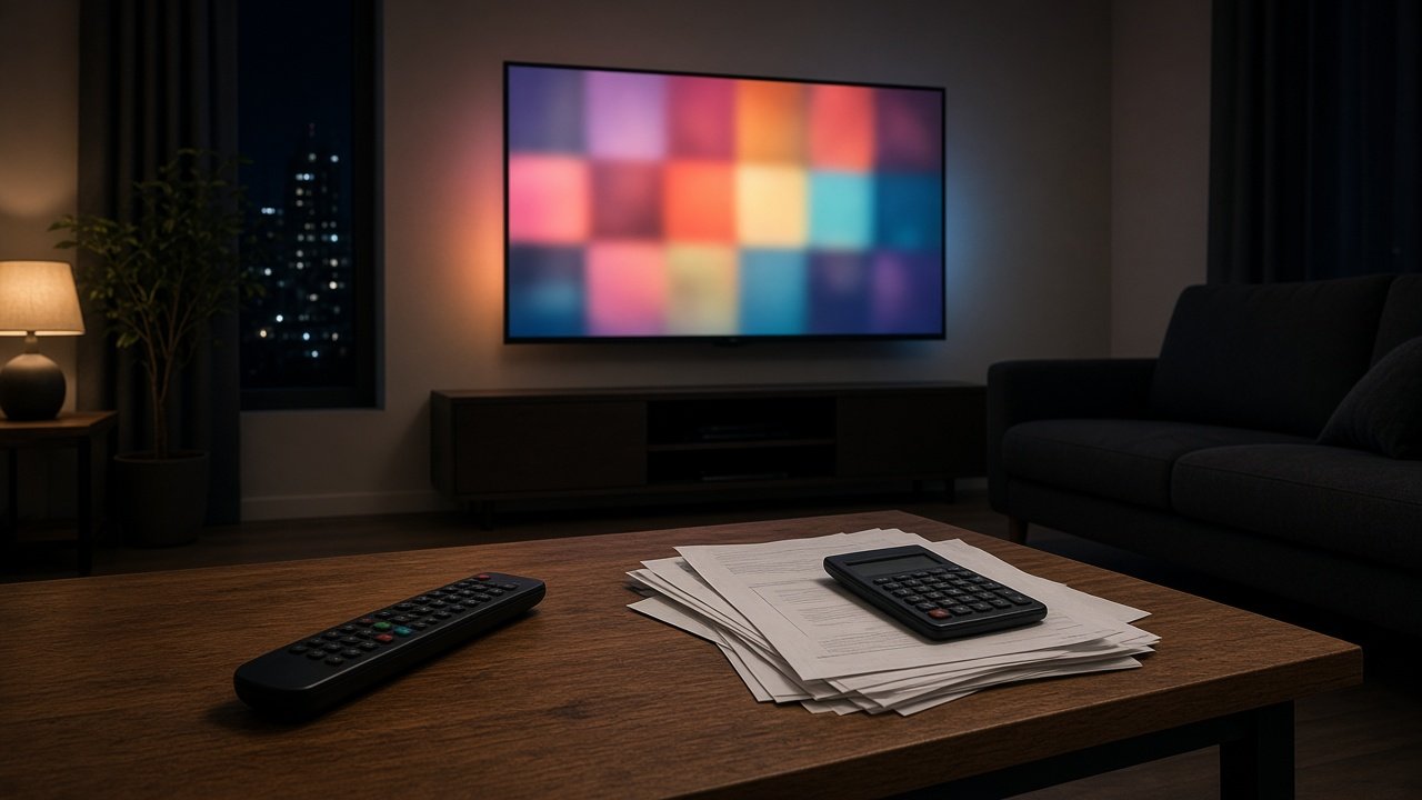 Living room at night with a glowing TV, a remote, a stack of bills and a calculator on a coffee table