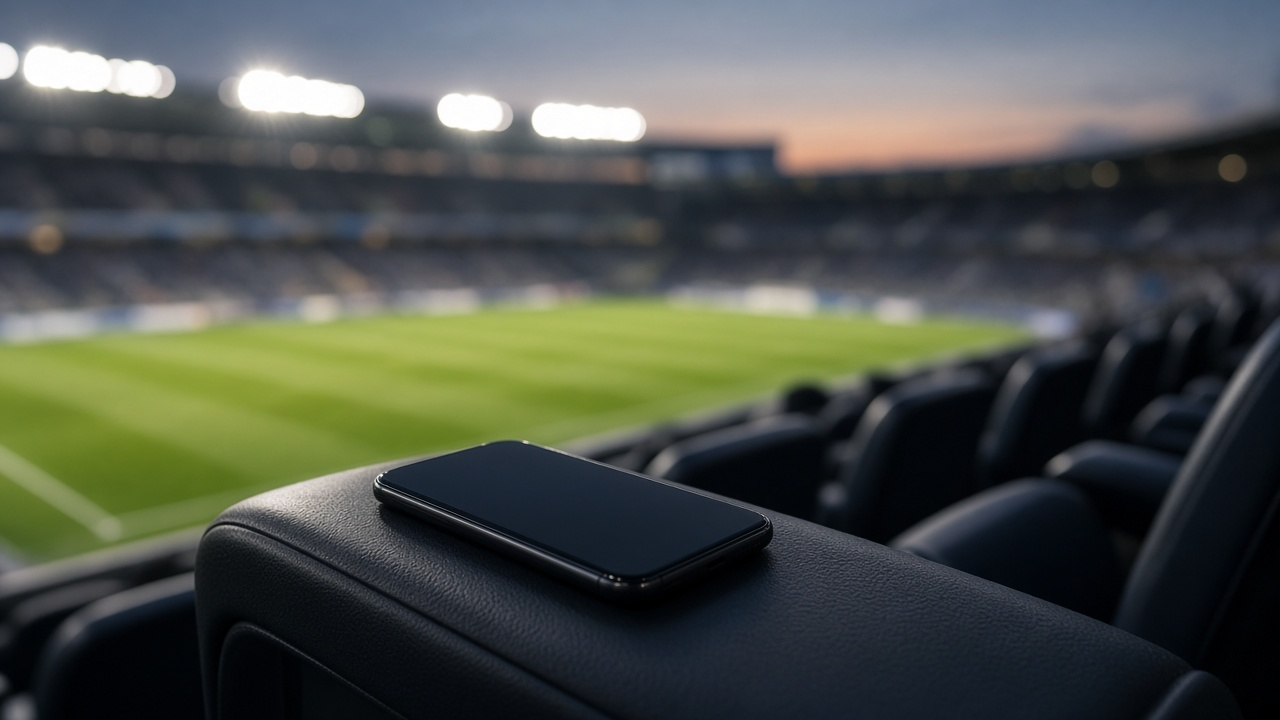 Smartphone resting on a stadium seat armrest with a football field softly blurred under bright lights, phone screen dark, no people or logos