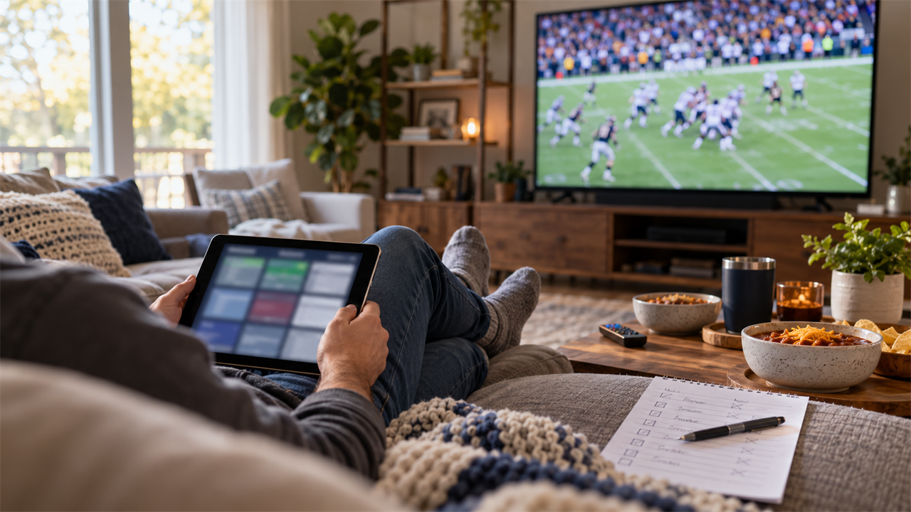 Football fan on a sectional sofa with a tablet schedule, watching a Sunday game on a large living-room TV
