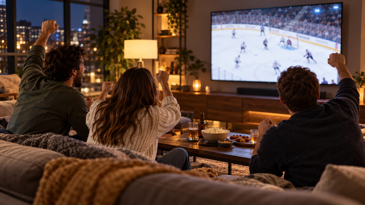 Friends watching a hockey game on a large TV in a cozy living room, the rink glowing on screen