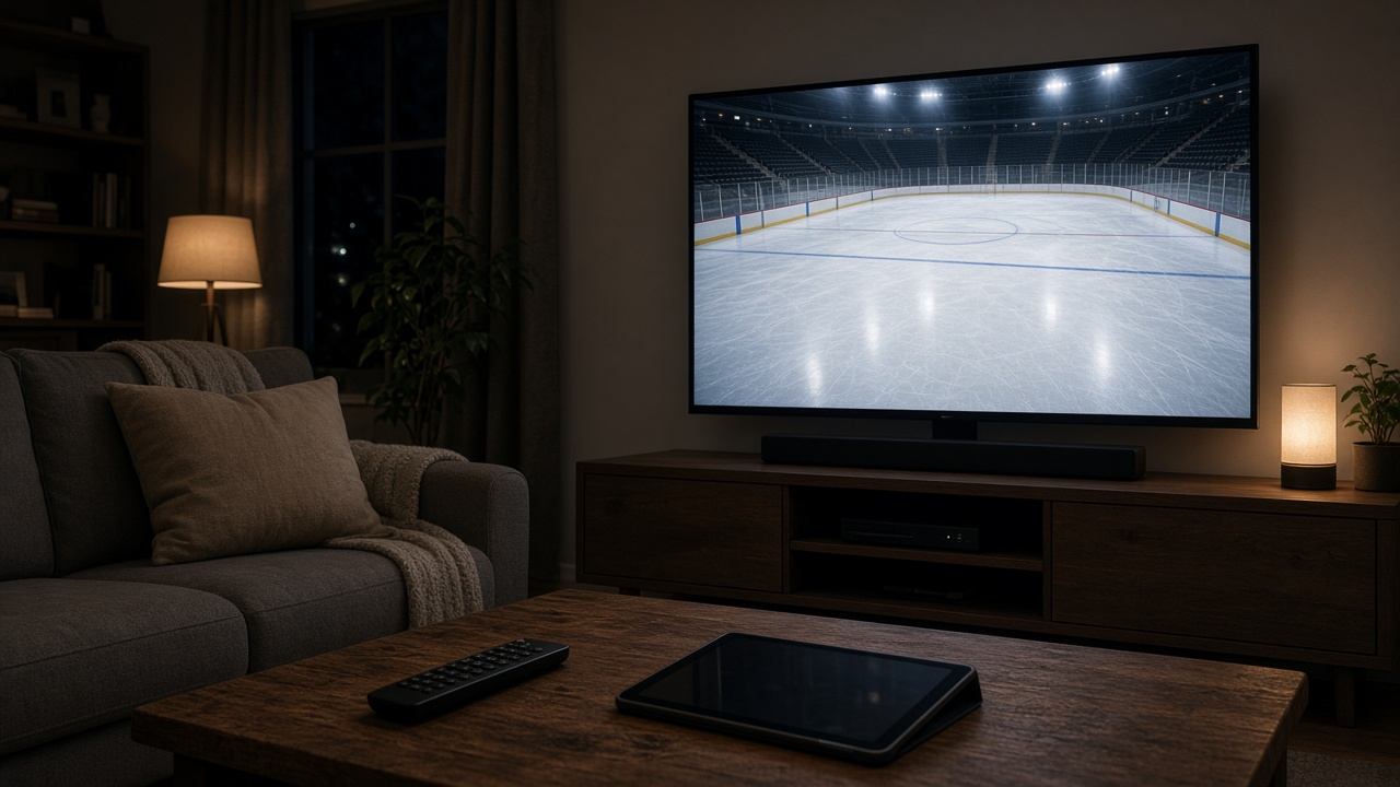 Living room with a TV showing an empty hockey rink, and a tablet and remote on the coffee table
