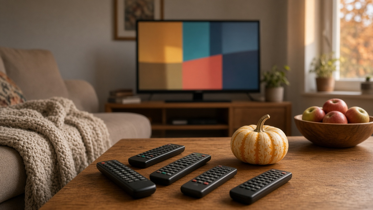 Autumn living room with four remote controls beside a TV showing soft colorful abstract panels