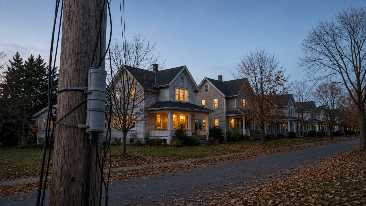 Autumn suburban street at dusk with a utility pole carrying cable lines in front of houses with lit windows