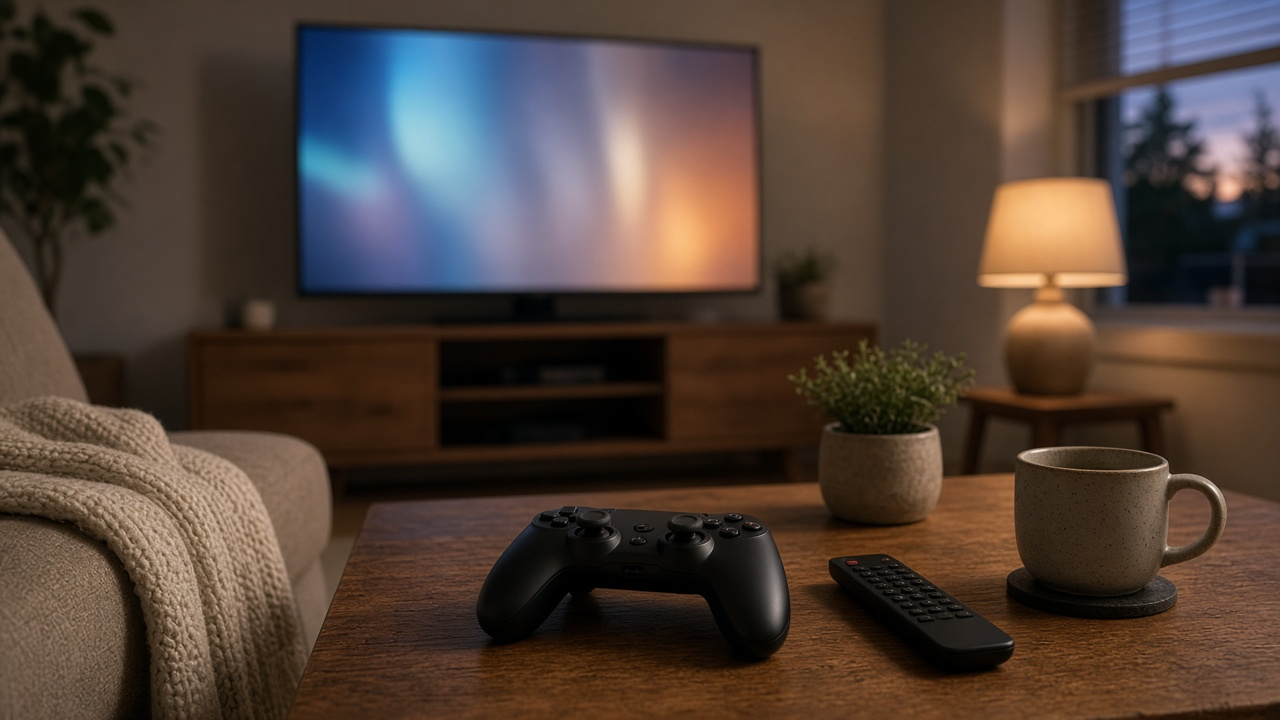 Living room at dusk with a TV glowing on a wood console and a game controller resting on a coffee table, no logos or text