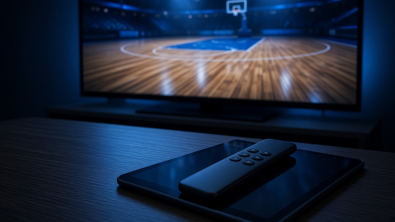 Hands holding a phone with colorful data overlays in front of a TV showing a basketball game