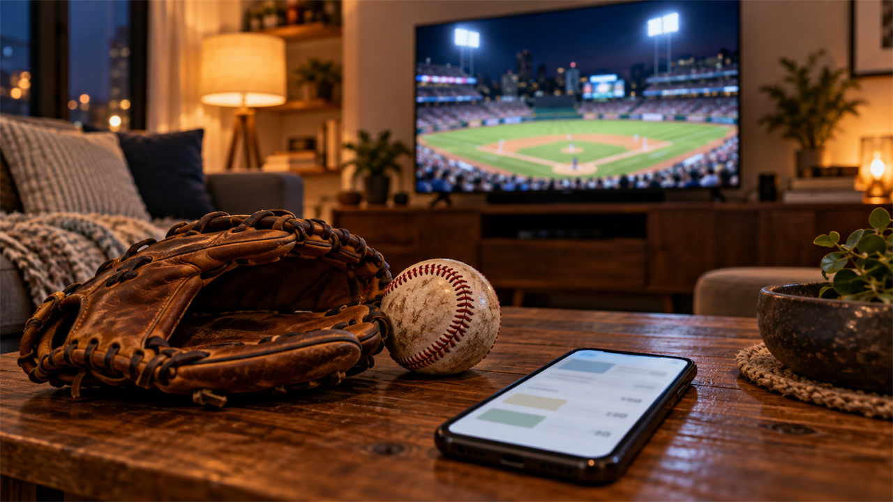 Baseball glove and ball on a coffee table beside a phone showing a monthly bill, with a TV showing a blurred ballpark at night