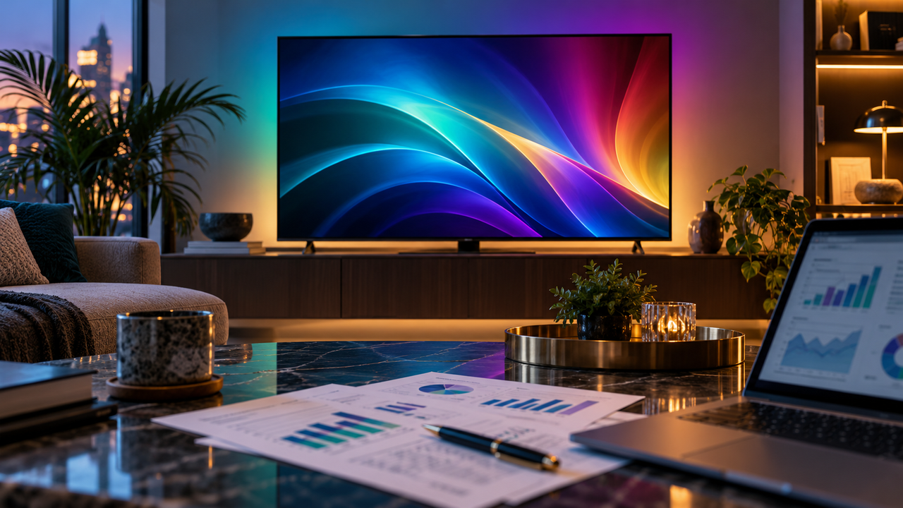 Streaming television in a modern living room with colorful abstract light reflected across a screen and financial charts on a table