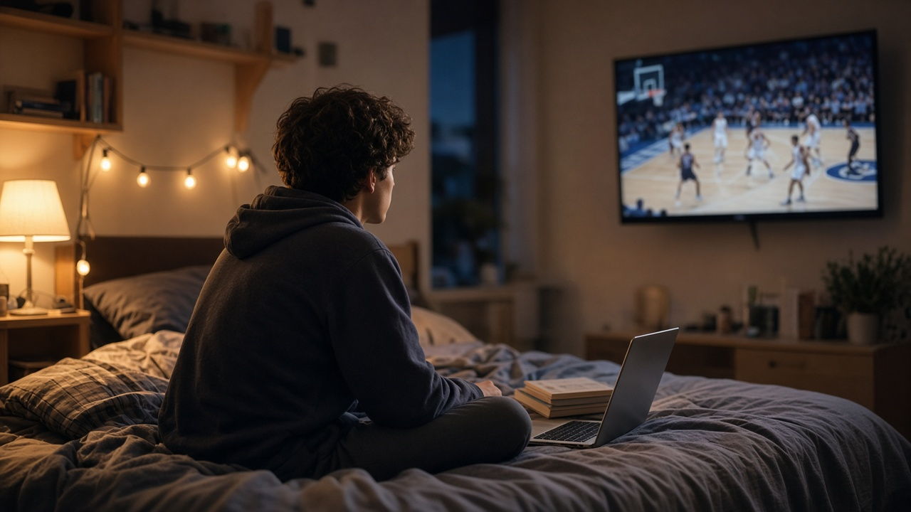 College student in a dorm room watching a basketball game on a wall-mounted TV