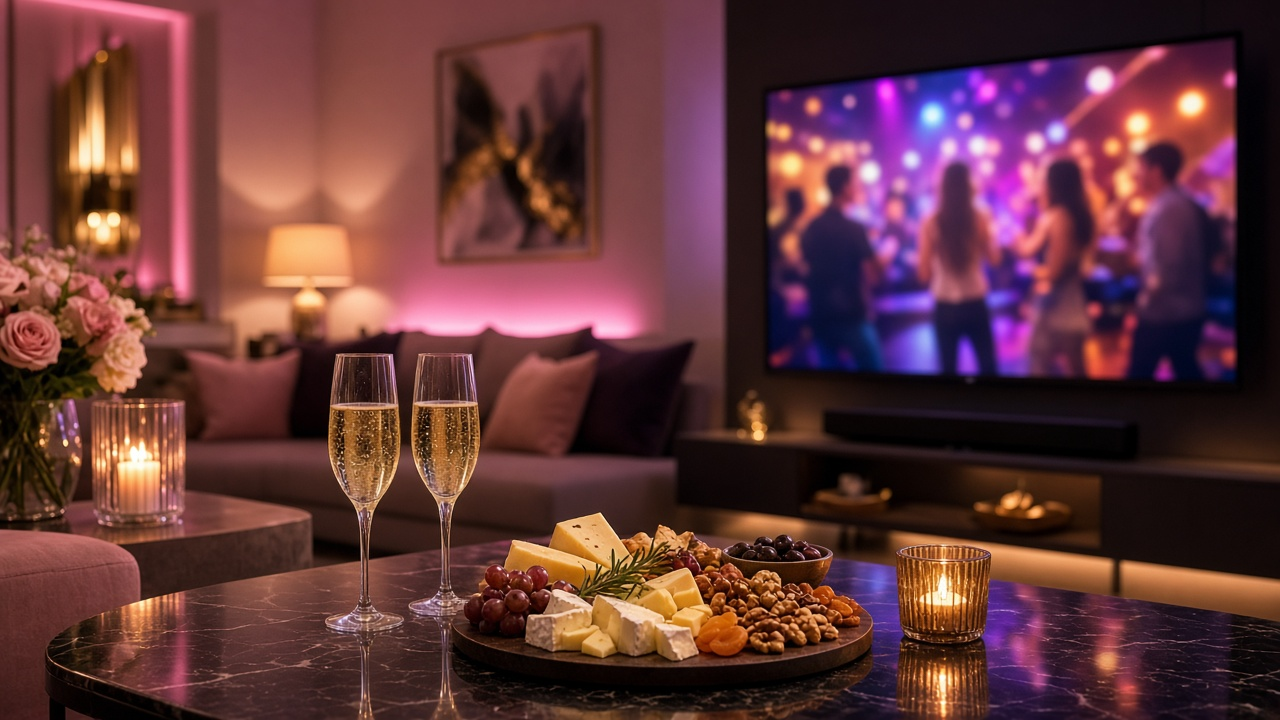 Living room with a television showing a softly blurred reality program and refreshments on a table