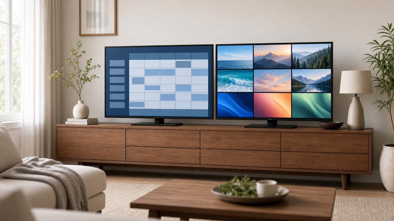 Two televisions side by side in a bright living room, one showing a live channel guide and one showing a wall of movie posters