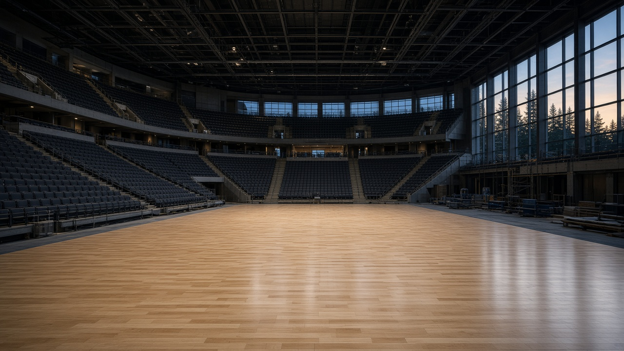 Empty basketball arena with a polished hardwood court and tall windows along one side