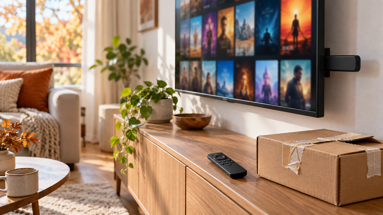Living room media console with a small streaming stick plugged into a TV and a remote beside a cardboard delivery box