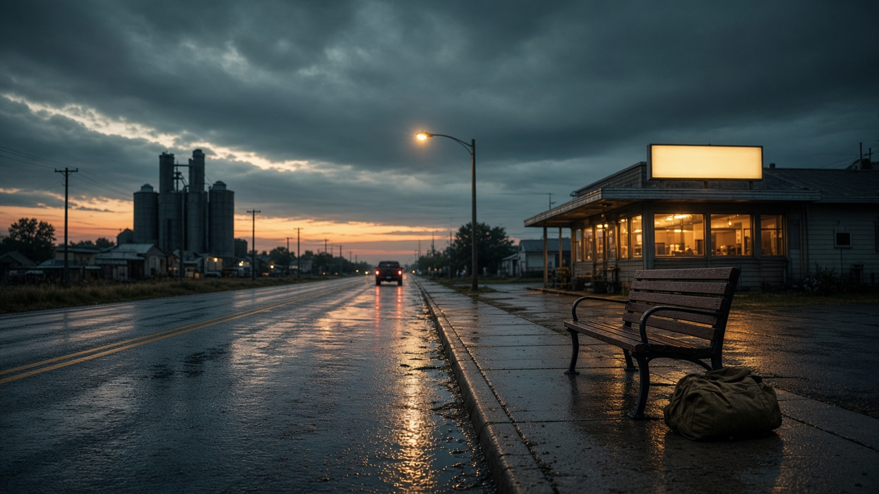 Rain-slicked small-town highway at dusk with a lone diner sign glow and an empty bus stop bench