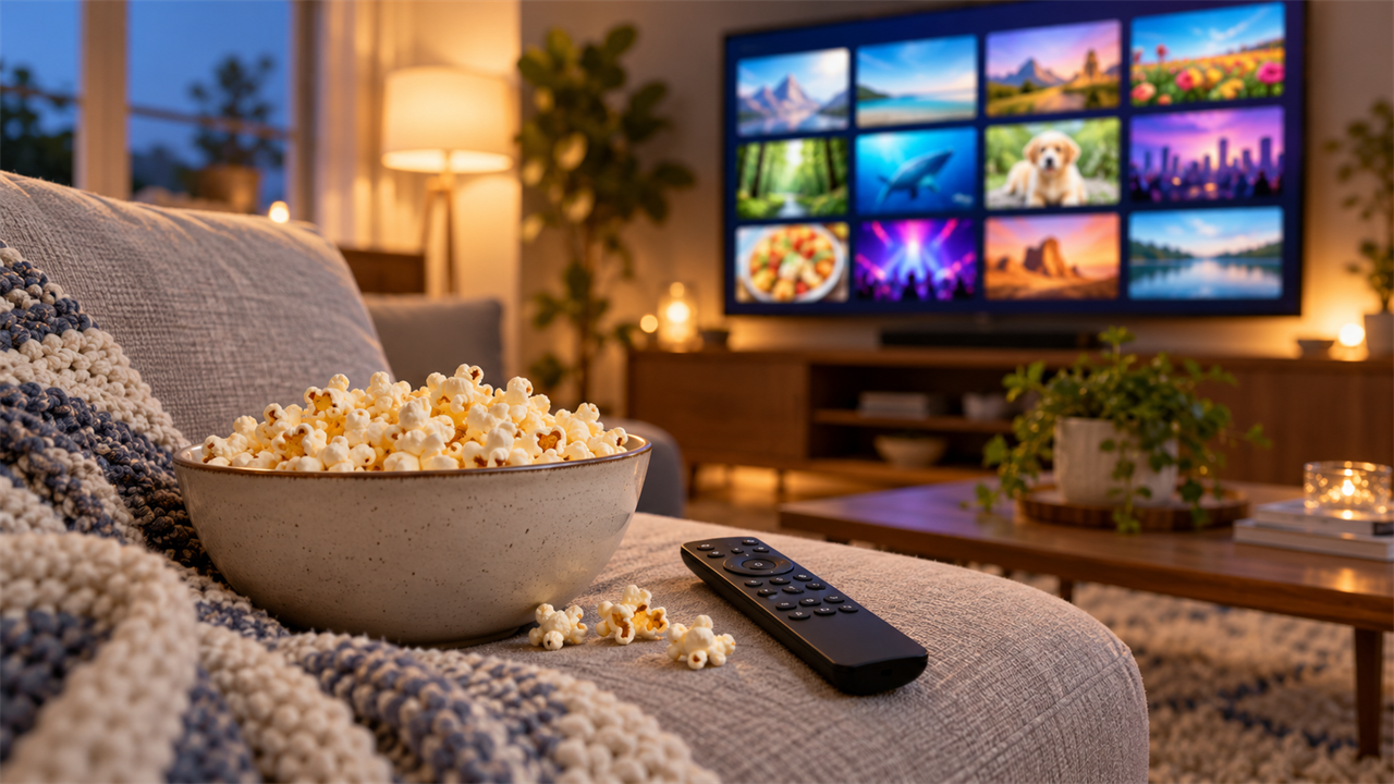 Family room with a bowl of popcorn and a plain remote on the sofa while a TV shows a blurred grid of colorful channel tiles