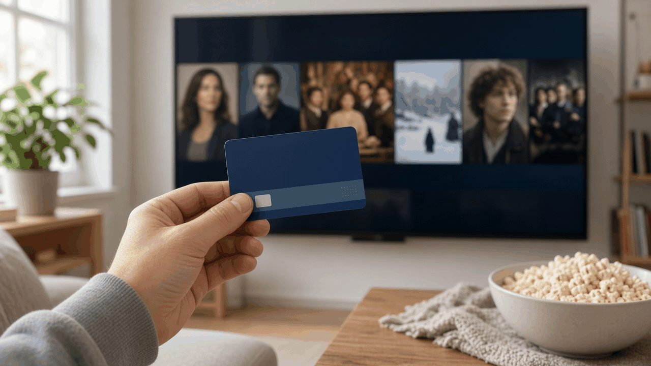 Shopping cart full of bulk goods beside a living room TV showing a sunset
