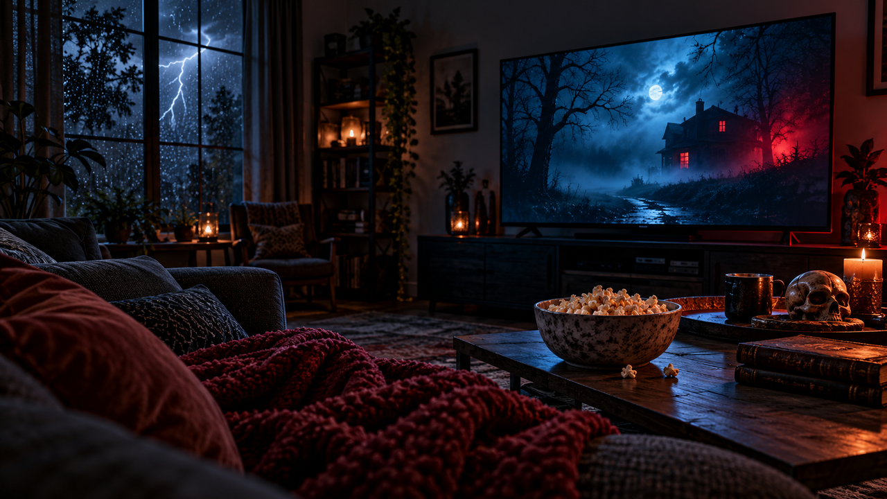 Dark living room lit by a glowing TV, with a bowl of popcorn and a blanket on the couch on a stormy night