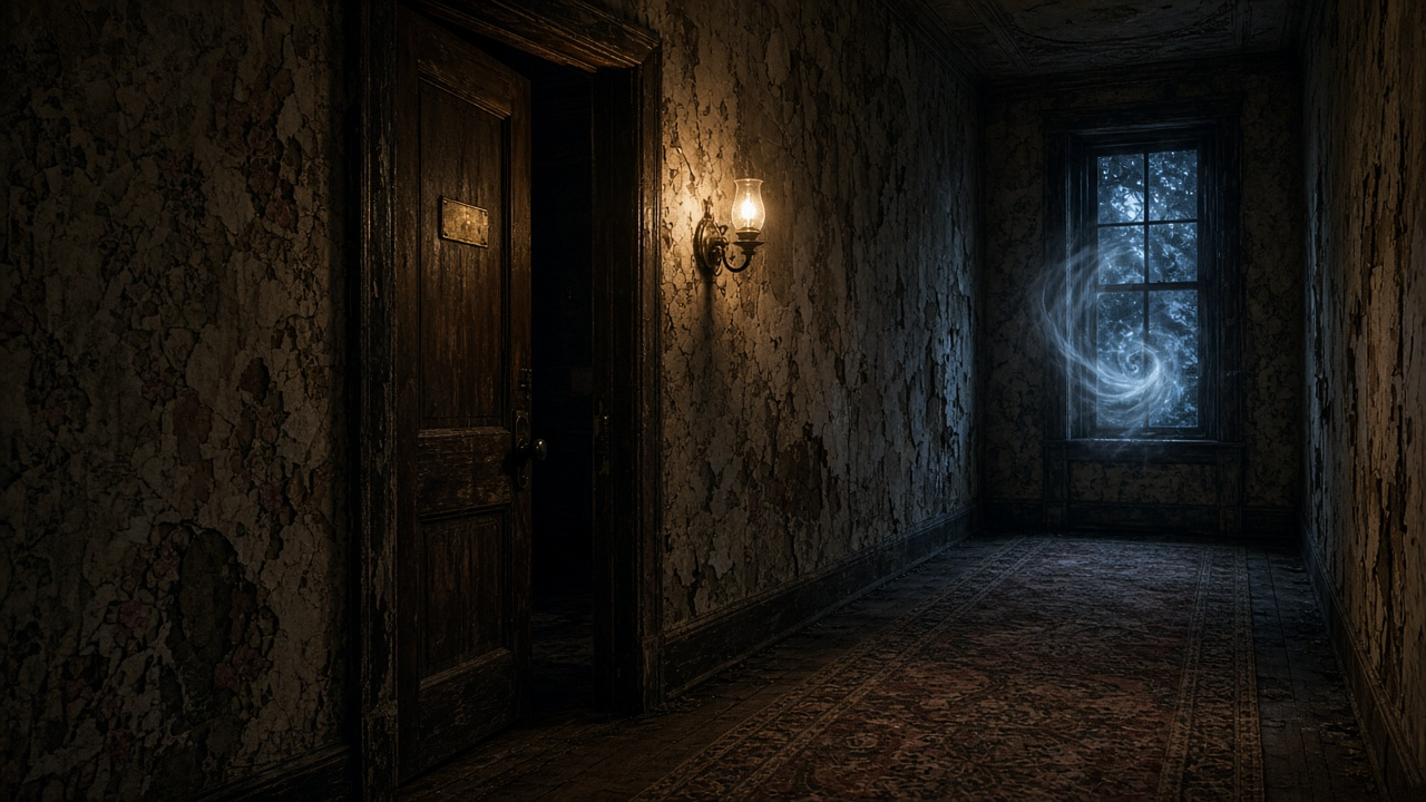 Dim hallway of an old hotel at night with peeling wallpaper, a door ajar, a glowing wall sconce and a swirl of blue light by the window, no people, no text