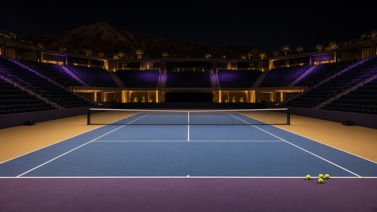 Empty indoor tennis arena at night with a dark blue hard court, purple and gold spotlights, empty seats and a tennis racket and yellow ball resting on the court by the net