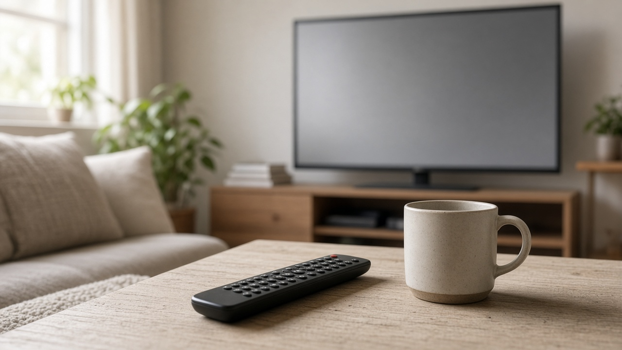 Remote control beside a blank TV on a coffee table in a living room with soft morning light