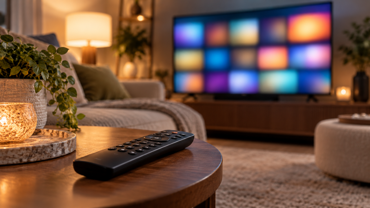 Television remote on a side table with abstract streaming tiles on a softly blurred TV